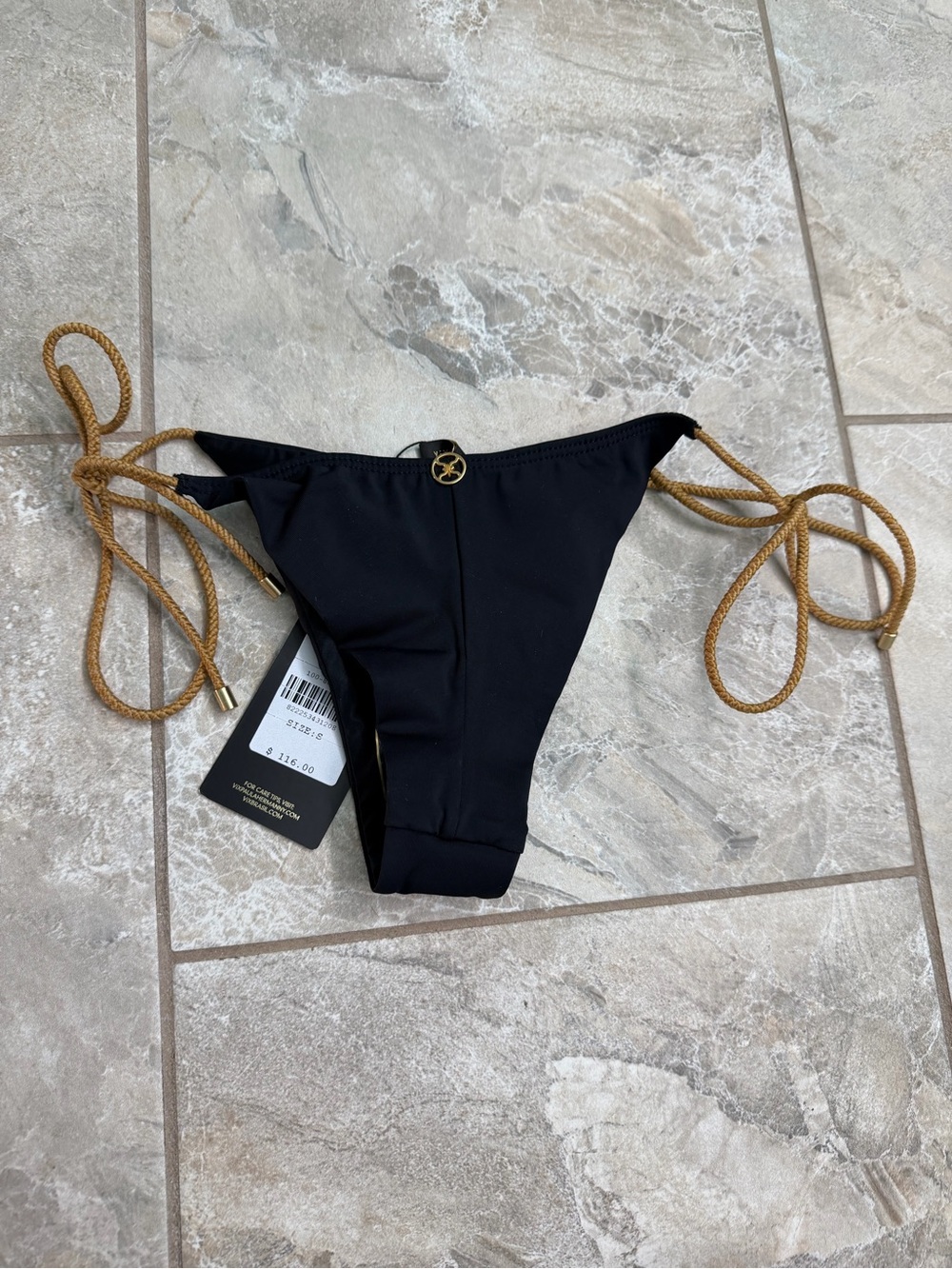 Vix Paula Hermanny Black Tie Side Cheeky Bikini Bottom with Gold Rope Straps - Picture 2 of 8